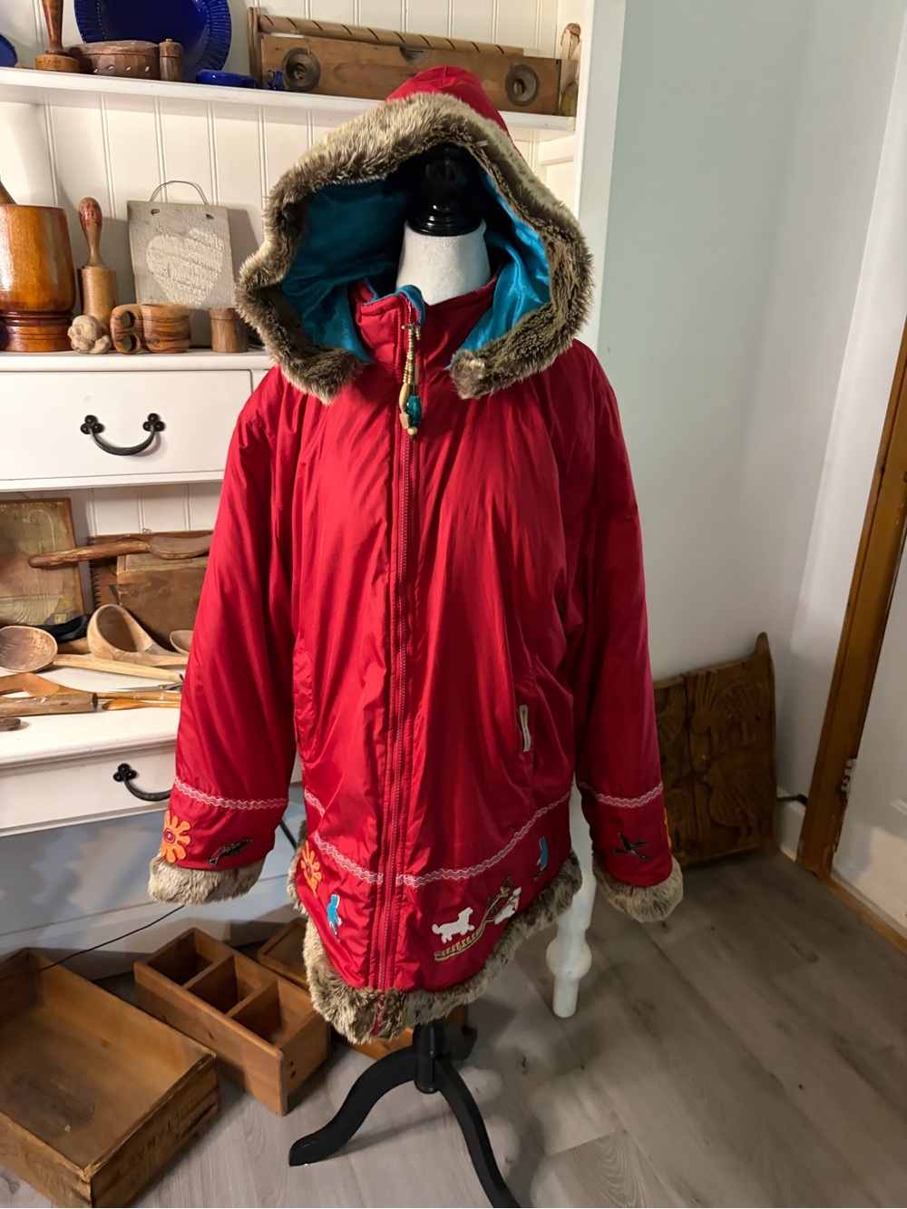 Inuk Women’s Red Faux-Fur Trim Hooded Winter Jacket